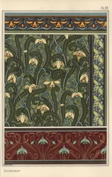 Gota de Neve, Galanthus nivalis, como motivo de design em papel de parede, bordas e tecidos