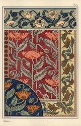 A papoila, Papaver somniferum, em vidro manchado, papel de parede, tecido e padrões de azulejos. Litografia de Marc Mangin