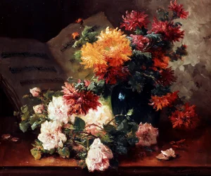 Crisântemos e rosas. Pintura de Eugène Henri Cauchois (1850-1911) Coleção particular.