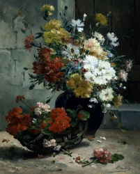 Natureza morta de flores de verão (gerânios e margaridas). Pintura de Eugène Henri Cauchois (1850-1911) Coleção particular.