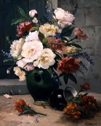 Natureza morta de peónias e cravos-da-índia. Pintura de Eugène Henri Cauchois (1850-1911) Coleção particular.