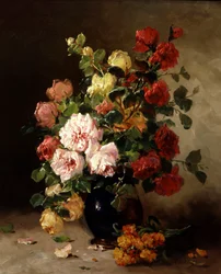 Natureza-morta de rosas e cravos-da-índia. Pintura de Eugène Henri Cauchois (1850-1911) Coleção particular.