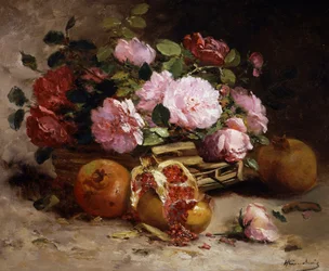 Natureza-morta de rosas e romãs. Pintura de Eugène Henri Cauchois (1850-1911) Coleção particular.