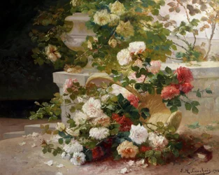 Cesto de rosas. Pintura de Eugène Henri Cauchois (1850-1911) Coleção particular.