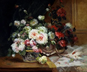Pote de rosas. Pintura de Eugène Henri Cauchois (1850-1911 francês) Coleção particular