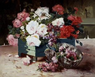 Rosas vermelhas e cor-de-rosa. Pintura de Eugène Henri Cauchois (1850-1911) Coleção particular.