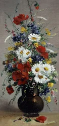 Natureza morta de centáureas, margaridas e papoilas. Pintura de Eugene Henri Cauchois (1850-1911 Francês) Coleção Privee