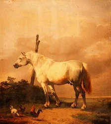 Um Carthorse com aves de capoeira em uma paisagem extensa