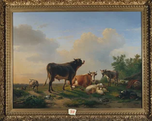 Um touro, uma vaca, um burro, uma cabra, ovelhas e aves de capoeira numa vasta paisagem, 1849