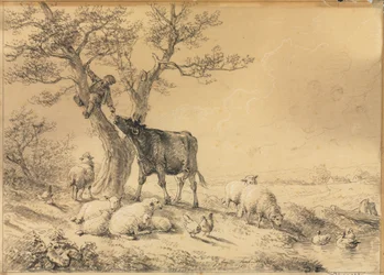 Paisagem com animais e menino na árvore