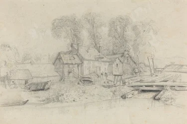 Paisagem fluvial com edifícios, barcos e figuras, c. 1858.