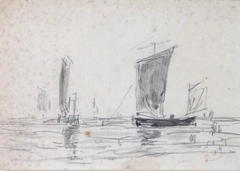 Barcos à Vela no Mar (lavagem e grafite sobre papel)