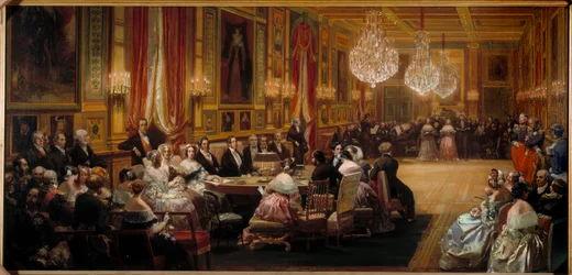 Aubert dirige os cantores da Opera comique em frente a Louis Philippe I (1773-1850), a família real, a Rainha Vitória e o Príncipe Alberto. Pintura de Eugene Louis Lami (1800-1890) 1844 Sol. 0,83x1,72 m