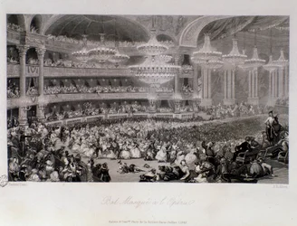 Máscara de bola organizada na Ópera de Paris. Gravura de Eugene Louis Lami (1800-1890) 1843 Coleção particular