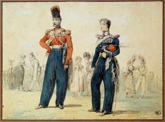 Fato de bolas: dois homens em uniforme militar. Desenho de Eugene Louis Lami (1800-1890) Paris do século XIX, Museu do Louvre