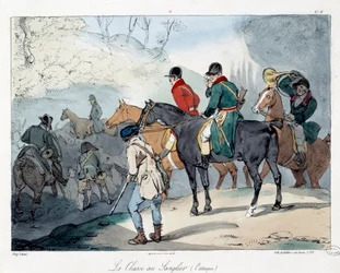 Caça ao javali. Ilustração do livro "La vie de chateau". Gravura de Eugene Louis Lami (1800-1890)