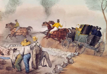 Passageiros do pó Trabalhadores a arremessar as ruas. Litografia de Eugene Louis Lami (1800-1890) Paris do século XIX, Musee Carnavalet