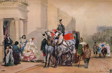 Damas entrando em seu transporte na Praça Belgrave, século XIX