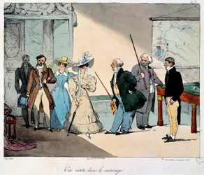 A vida no castelo: uma visita ao bairro. Litografia de um desenho de Eugene Louis Lami (1800-1890) 1828 Paris, Musee Carnavalet