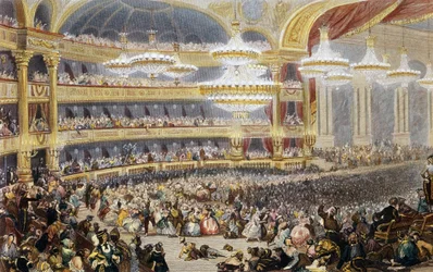 Baile de máscaras na Ópera de Paris no século XIX. Gravura de Eugène Lami (1800-1890).