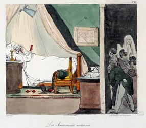 Diversão noturna. As crianças têm medo de assustar uma pessoa a ler na cama. Ilustração do livro "La vie de chateau". Gravura de Eugene Louis Lami (1800-1890)