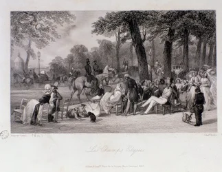 Passageiros e caminhantes nos Campos Elíseos (Champs-Elysees) em Paris. Gravura de Eugene Louis Lami (1800-1890) 1841 Coleção particular