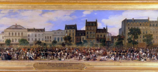 O Ataque de Giuseppe Fieschi (conspirador corso) em 28/07/1835 contra Louis-Philippe I (1773-1850), Rei dos Franceses, Boulevard du Temple em Paris (Louis Philippe revê a Guarda Nacional) Detalhe de uma pintura de Eugene Lami (1800-1890) 1845 Sol.
