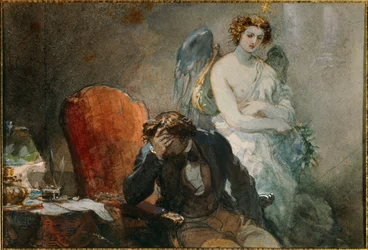 A noite de Outubro Ilustração das obras de Alfred de Musset (1810-1857). Aguarela de Eugene Louis lami (1800-1890) Sol do século XIX. 0,1x0,14 m Malmaison, musee du chateau