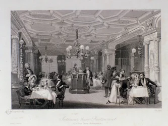 Vista do interior do restaurante "Les trois freres provencaux", perto do Palais Royal em Paris. Gravura de Eugene Louis Lami (1800-1890) 1843 Coleção particular