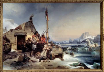 Inverno de uma tripulação de marinheiros holandeses na costa de New Zemble Caçadores de Ursos Polares nas Ilhas Árticas de New Zemble. Quadro de Eugene Lepoittevin