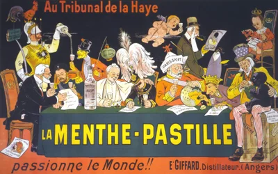 Cartaz sobre a Conferência de Paz em Haia, em 1899: "No Tribunal de Haia, a pastilha de menta - apaixona o mundo!" de Eugène Ogé (1861 - 1936)