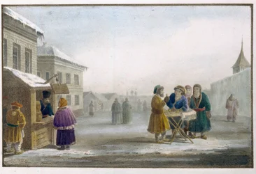 Vendedor de tabaco itinerante em frente a uma tabacaria na Rússia. Trabalho de Eugene Pluchart (1809-1880), litografia e aguarela