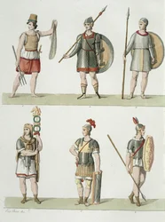 Soldados romanos, detalhe da placa 2, classe 5 da parte I da história das Nações, gravada por Buttazon aquatint, ver também 93289