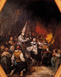 Condenados pela Inquisição. Os condenados usam toucados capirote, chapéus pontiagudos em forma de cone. Pintura de Eugenio Lucas Velázquez (1817-1870), cerca de 1862. Museu do Prado, Madrid