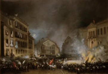Episódio da Revolução de 1854, em Puerta del Sol, Madrid. Pintura de Eugenio LUCAS VELAZQUEZ