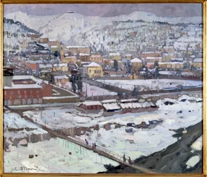 Vista de Genes sob a neve, Itália (Vista de Génova sob a neve, Itália) Pintura de Eugenio Olivari (1882-1917) Dim 73x85 cm Genes, Galleria d
