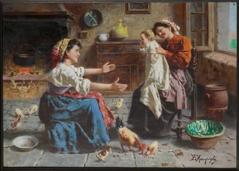 Encontro de duas mulheres e um bebê (óleo sobre tela)