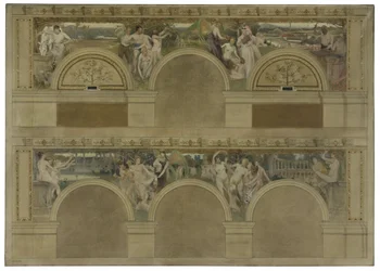 Esboço para um dos salões introdutórios do Hôtel de Ville de Paris: Le Travail. Les Réjouissances. La Charité, em 1892 (tinta preta, óleo sobre tela)