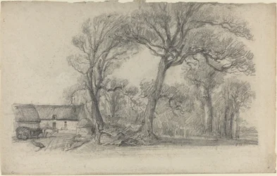Paisagem com árvores, casa de campo e carroça de fazenda