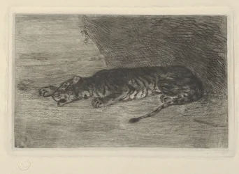 Tigre deitado na entrada de seu covil, ca. 1828-30., c. 1828-30.