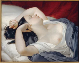 Mulher italiana adormecida. Bela mulher de olhos fechados e peito descoberto, dormindo lascivamente à beira da cama. Pintura por Eugene Pluchart (1809-1880), óleo sobre tela, cerca de 1840. Arte francesa