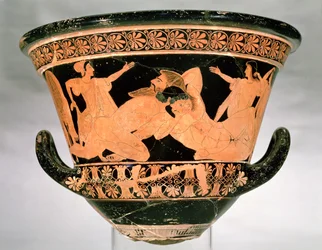 Cratera de cálice ática de figuras vermelhas representando Héracles em luta com Anteu, de Cerveteri, Itália, cerca de 510 a.C.