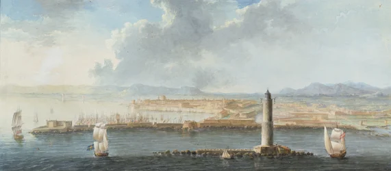 Uma vista de um porto do mar, provavelmente Livorno (caneta, tinta marrom e guache)