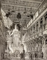A impressão artística da estátua da deusa Atena no Parthenon, Atenas, durante o período clássico, de "El Mundo Ilustrado", publicado em Barcelona, 1880 (lito)