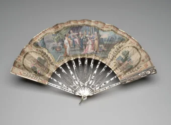 Ventilador dobrável com um sujeito do Antigo Testamento, possivelmente Adonijah antes de Salomão, c.1770s (meios mistos)