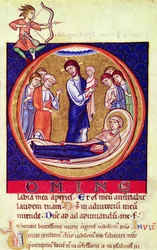 Inicial historiada retratando a morte da Virgem, de um manuscrito desconhecido, do século XII ao XIII