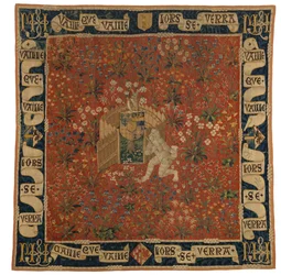 Tapeçaria Mille fleurs representando verdura, escudo de armas e um homem selvagem, c.1500 (lã)