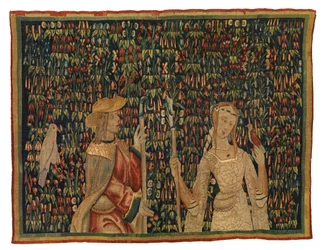Fragmento de tapeçaria "Mille fleurs" representando um pastor e uma pastora ou uma senhora e um jovem (lã e seda)