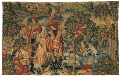 Tapeçaria representando Cena Pastoral com Colheita de Frutos, ou O Senhor no seu Parque ou Aliança Rural e Colheita de Frutos, c.1500 (lã e seda)