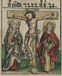 A crucificação, final do século 15 (xilogravura colorida à mão)